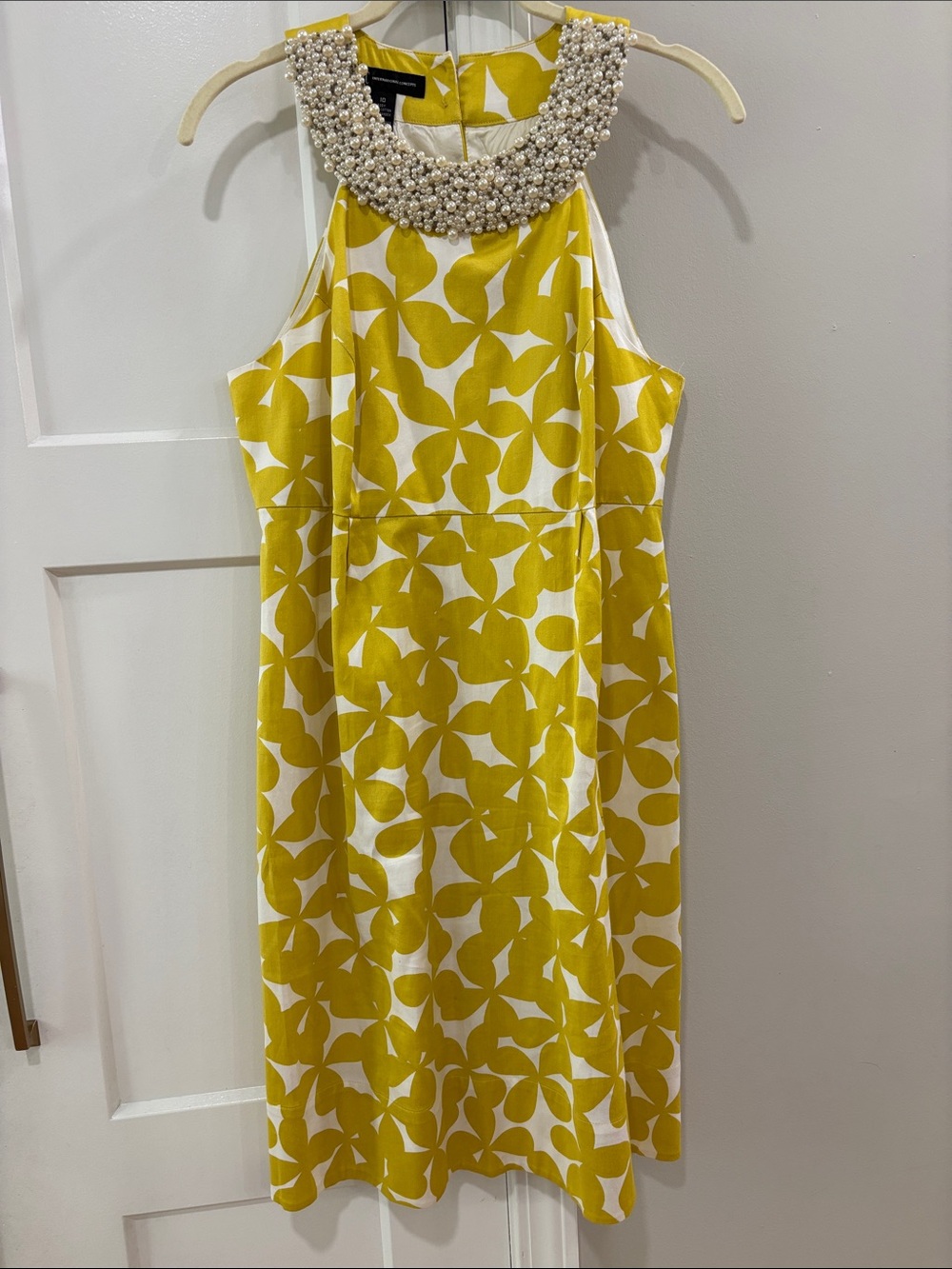 INC International Concepts Yellow White Pearl-Embellished Halter Mini Dress